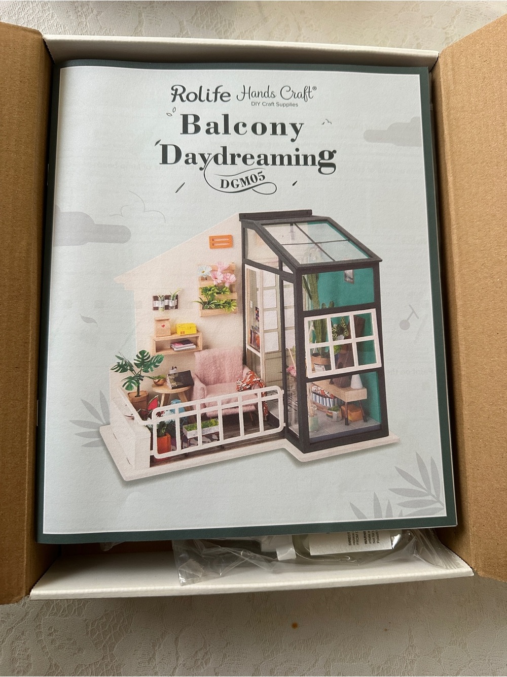 Rolife Balcony Daydreaming DIY Miniature Kit - White, Teal, Black Accents